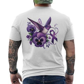 Hummingbird Holding Purple Ribbon Alzheimer Awareness Pansy Men's T-shirt Back Print - Seseable