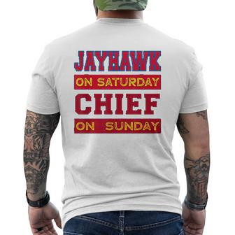 Jayhawk On Saturday Chief On Sunday Kansas City Souvenir Mens Back Print T-shirt - Thegiftio UK
