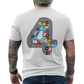 Kinder Kinder Geburtstag 4 Jahre Junge Autos Zahl Alter Straße T-Shirt mit Rückendruck - Seseable