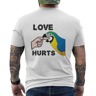 Love Hurts Blue And Gold Macaw Parrot Mens Back Print T-shirt - Thegiftio UK