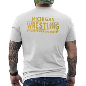 Michigan Wrestling Compete Defeat Repeat Men's T-shirt Back Print - Monsterry