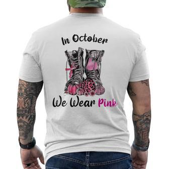 In October We Wear Pink Boot Veteran Breast Cancer Awareness Mens Back Print T-shirt - Thegiftio