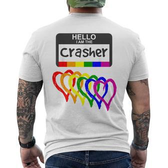 Rainbow Flag Hearts Hello Wedding Crasher Name Badge Friend Men's T-shirt Back Print - Monsterry AU