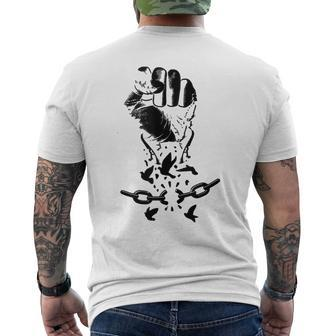 Raised Hand Clenched Fist Broken Chain Birds Black Freedom Men's T-shirt Back Print - Monsterry DE