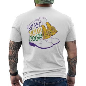 Shake Your Bootie Mardi Gras Bead Boot Carnival Celebration Men's T-shirt Back Print | Mazezy