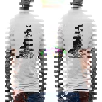 Tuxedo Cat And Pansies Mens Back Print T-shirt - Thegiftio