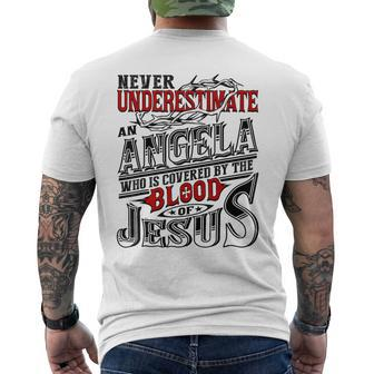 Never Underestimate Angela Family Name Men's T-shirt Back Print - Seseable
