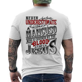 Never Underestimate Mancuso Family Name Men's T-shirt Back Print - Seseable