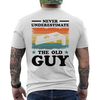 Never Underestimate The Old Guy Sack Toss Cornhole Men's T-shirt Back Print - Seseable