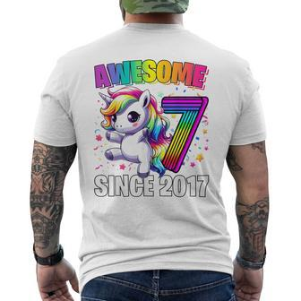Unicorn 7Th Birthday 7 Year Old Unicorn Party Girls Outfit Men's T-shirt Back Print - Seseable
