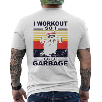 I Workout So I Can Eat Garbage Raccoon Vintage Gym Mens Back Print T-shirt | Mazezy
