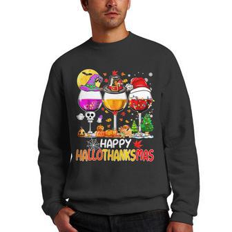 Halloween Thanksgiving Christmas Happy Hallothanksmas Wine V9 Men Crewneck Graphic Sweatshirt - Thegiftio UK