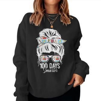 100 Days Smarter 100Th Day Of School Messy Bun Mom Women Sweatshirt - Thegiftio UK