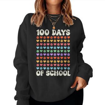 100Th Day 100 Days Of School Retro Groovy Hearts 100Th Women Sweatshirt - Seseable