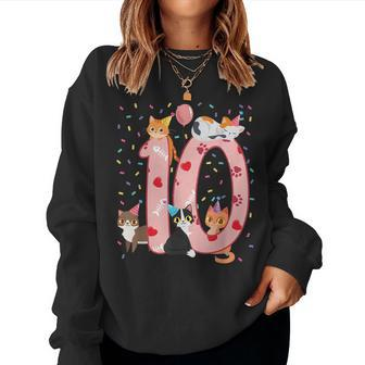10Th Birthday Girl Cute Cat Outfit 10 Years Old Bday Party Women Sweatshirt - Monsterry DE
