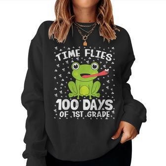 1St Grade 100 Days School Boys Girls Frog Time Flies Fly Kid Women Sweatshirt - Monsterry