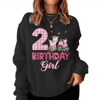 2Nd Birthday Outfit Girl Two Year Old Farm Cow Pig Tractor Women Sweatshirt - Seseable
