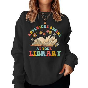 Adventure Begins At Your Library Summer Reading 2024 Groovy Women Sweatshirt - Thegiftio UK