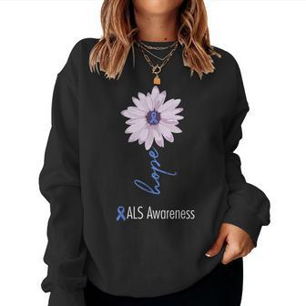 Als Awareness Month Blue Sunflower Ribbon Als Warrior Women Sweatshirt - Seseable