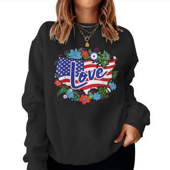 American Pride T Cute Red White Blue Flag And Flowers Women Sweatshirt - Monsterry