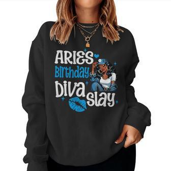 Aries Girl Melanin Queen April Woman March Birthday Diva Women Sweatshirt - Seseable
