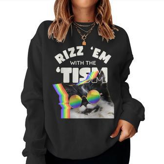 Autism Rizz Em With The Tism Meme Autistic Cat Rainbow Women Sweatshirt - Seseable