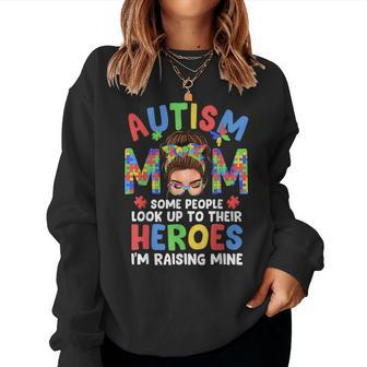 Autism Mom Raising Hero Groovy Messy Bun Autism Awareness Women Sweatshirt - Monsterry UK