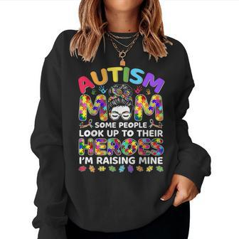 Autism Mom Raising Hero Messy Bun Autism Awareness Women Sweatshirt - Seseable