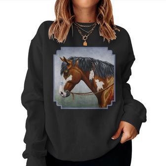 Bay Pinto Native American War Horse Portrait Women Sweatshirt - Monsterry AU