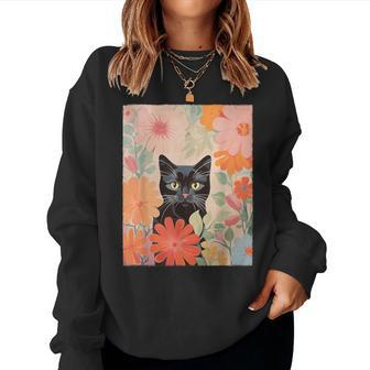 Black Cat And Flowers Cat Lover Cat Floral Cat Women Sweatshirt | Mazezy AU