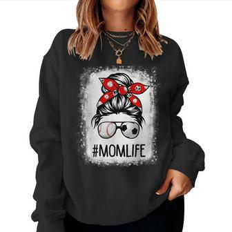 Bleached Mom Life Soccer Messy Bun Baseball Game Day Women Sweatshirt - Seseable