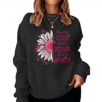 Blessed By God Loved By Jesus Pink Sunflower And Butterfly Women Sweatshirt - Monsterry
