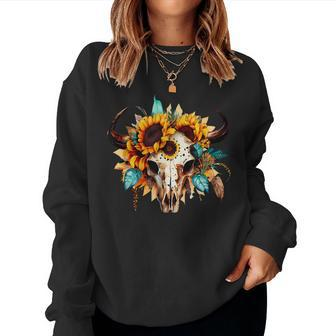 Boho Cow Skull Sunflower Vintage Western Aztec Cute Cowskull Women Sweatshirt - Thegiftio UK