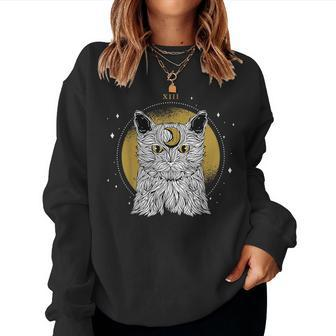 Boho Mystical Feathers Cat Moon Phases Cats Lovers Women Sweatshirt - Monsterry