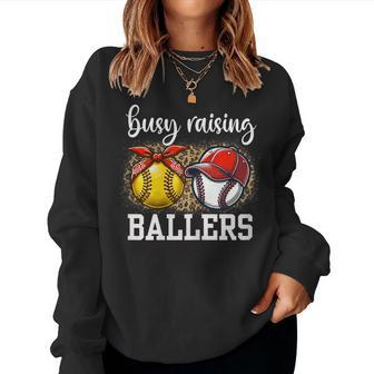 Busy Raising Ballers Softball And Baseball Leopard Print Mom Women Sweatshirt - Thegiftio UK