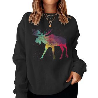 Canadian Wildlife Animal Alaska Elk Antlers Colorful Moose Women Sweatshirt - Monsterry