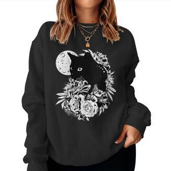 Cat Moon Night Flowers Black Cats Lovers Women Sweatshirt - Monsterry UK