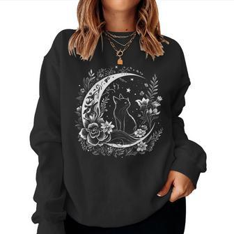 Cat Sitting On Crescent Moon Flowers Stars Drawing Women Women Sweatshirt - Monsterry UK