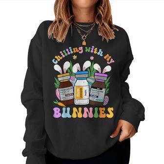 Chilling With My Bunnies Icu B52 Med Surg Nurse Easter Day Women Sweatshirt - Thegiftio UK