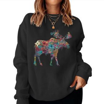 Colorful Moose Flower Animal Winter Mountains Wildlife Moose Women Sweatshirt - Monsterry UK