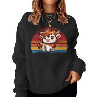Cute Baby Highland Cow With Vintage Sunset Animal Cow Women Women Sweatshirt - Monsterry