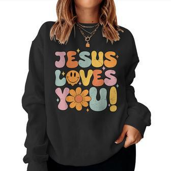 Cute Jesus Loves You Groovy Christian Kid Girl Vintage Women Sweatshirt - Thegiftio UK