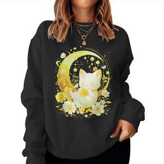 Cute Kawaii Anime Cat Moon Phases Flower Celestial Cat Women Sweatshirt - Monsterry UK