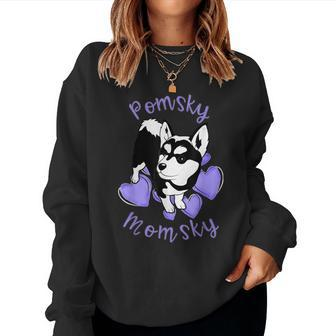 Cute Pomsky Momsky Black And White Pomsky Mom Purple Hearts Women Sweatshirt - Monsterry