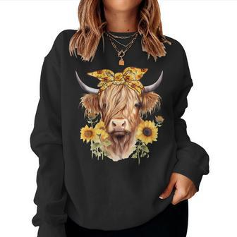 Cute Scottish Highland Cow Wearing Sunflower Bandana Heifer Women Sweatshirt - Monsterry UK