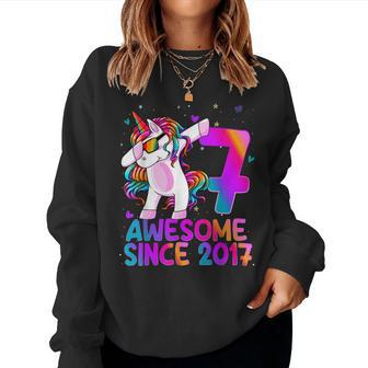 Dabbing Unicorn 7 Year Old 7Th Birthday Girl Unicorn Party Women Sweatshirt - Seseable