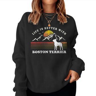 Damen Life Better Boston Terrierintage Hund Mama Papa Mit-Ausschnitt Sweatshirt Frauen - Geschenkecke