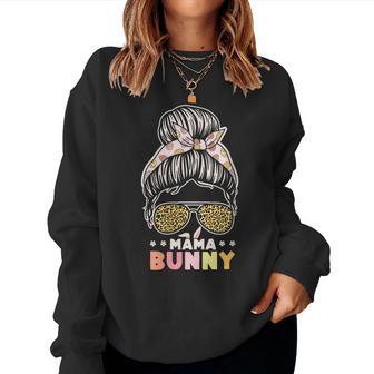 Damen Lustiges Mama Bunny Frohe Ostern 2024 Leopard Messy Bun Mit-Ausschnitt Sweatshirt Frauen - Geschenkecke