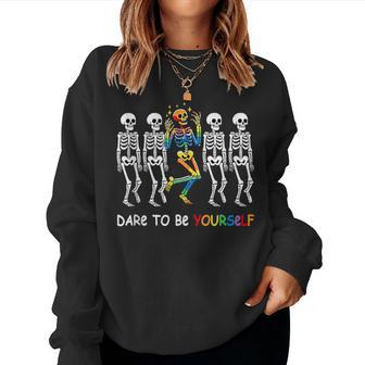 Dare To Be Yourself Rainbow Skeleton Lgbt Pride Month Women Sweatshirt - Monsterry DE