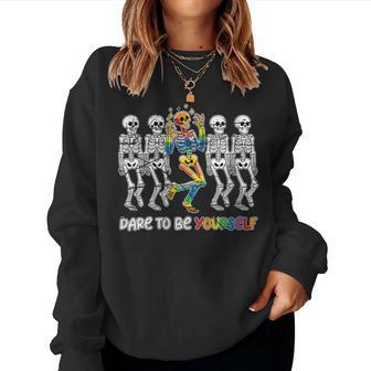 Dare To Be Yourself Skeleton Bisexual Gay Lesbian Lgbt Pride Women Sweatshirt - Monsterry AU